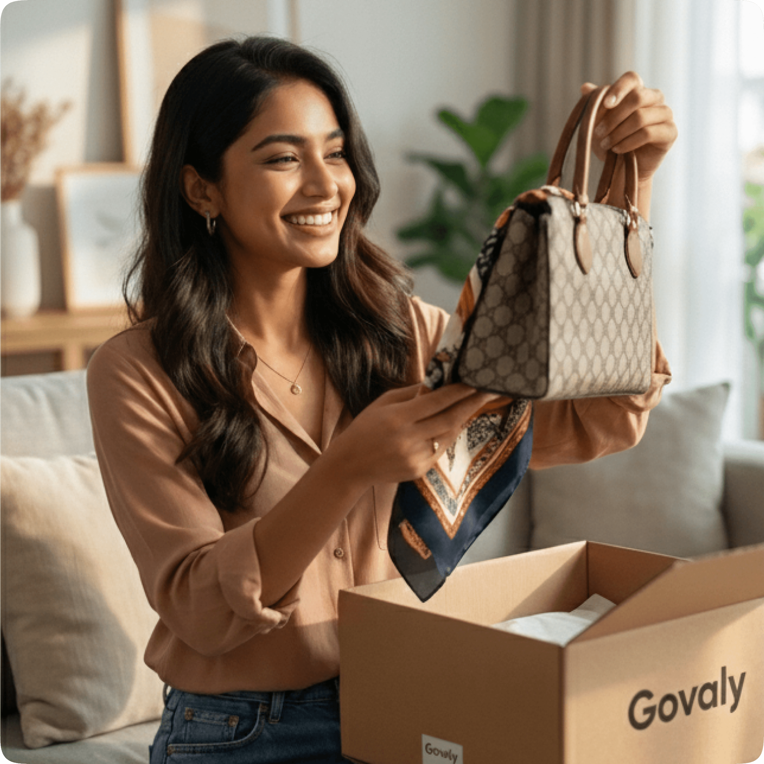 Woman unboxing a Govaly fashion delivery
